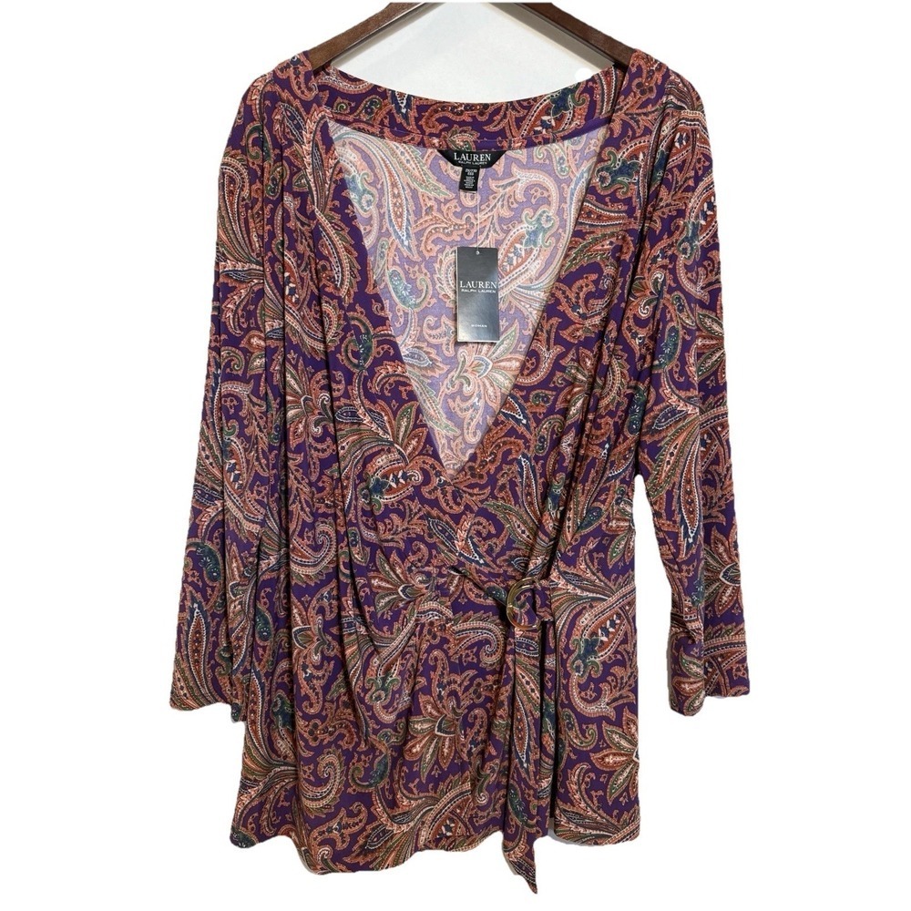 Lauren Ralph Lauren Woman Shirt Blouse 2X Paisley Faux Wrap Pullover Jersey Top